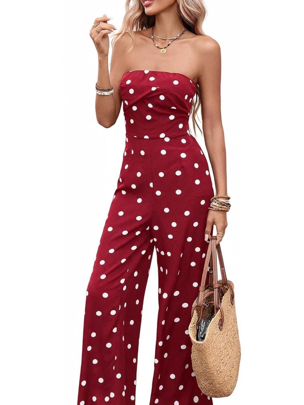 Strapless Polka Dot Wide-Leg Jumpsuit - Burgundy